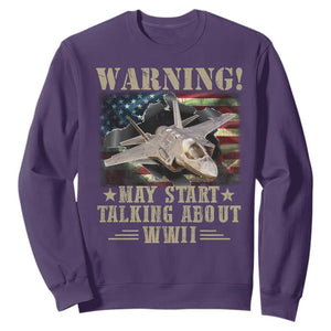 Warning May Start Talking About WWII Sweatshirt American Flag Fighter Jet TS11 Purple Print Your Wear