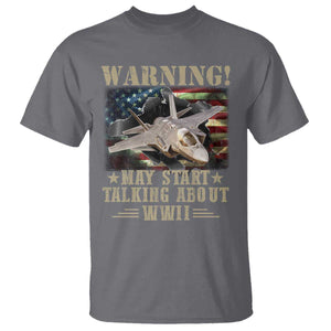Warning May Start Talking About WWII T Shirt American Flag Fighter Jet TS11 Charcoal Print Your Wear