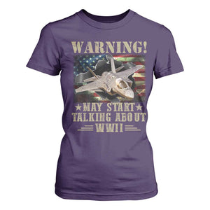 Warning May Start Talking About WWII T Shirt For Women American Flag Fighter Jet TS11 Purple Print Your Wear