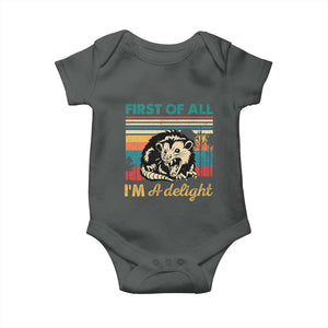 Funny First Of All I Am A Delight Baby Onesie Retro Angry Opossum TS11 Dark Heather Print Your Wear