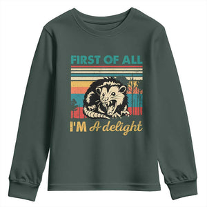Funny First Of All I Am A Delight Youth Sweatshirt Retro Angry Opossum TS11 Dark Forest Green Print Your Wear
