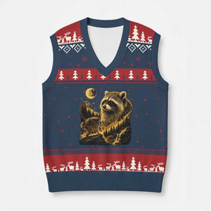 Jimothy Raccoon Howling at The Moon Parody 90s Retro V-Neck Knit Sweater Vest