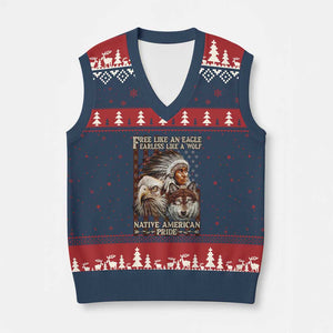 Native American Pride V-Neck Knit Sweater Vest Free Like An Eagle Fearless Like A Wolf Vintage Flag TS11 Navy Red Print Your Wear
