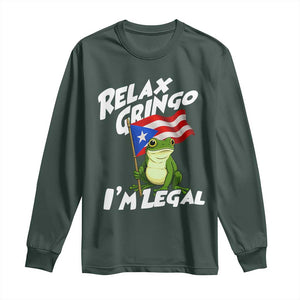 Funny Relax Gringo I Am Legal Long Sleeve Shirt Puerto Rico Flag Coqui Frog TS11 Dark Forest Green Print Your Wear