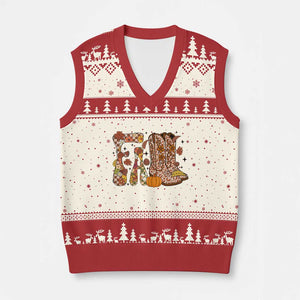 Cowboy Fall Season Thanksgiving Western Boots Pumpkin V-Neck Knit Sweater Vest TS11 Beige Red Print Your Wear