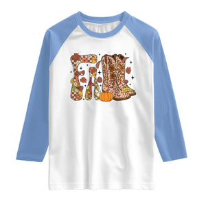 Cowboy Fall Season Thanksgiving Western Boots Pumpkin Raglan Shirt TS11 White Carolina Blue Print Your Wear