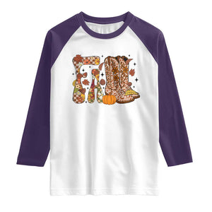 Cowboy Fall Season Thanksgiving Western Boots Pumpkin Raglan Shirt TS11 White Purple Print Your Wear