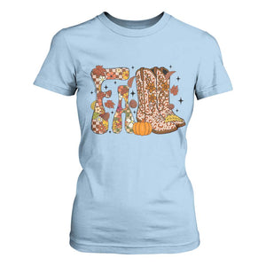 Cowboy Fall Season Thanksgiving Western Boots Pumpkin T Shirt For Women TS11 Light Blue Print Your Wear