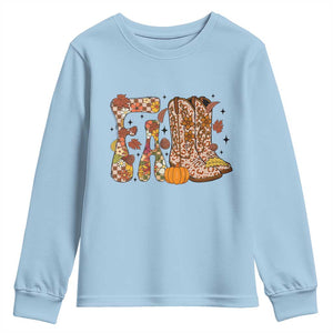 Cowboy Fall Season Thanksgiving Western Boots Pumpkin Youth Sweatshirt TS11 Light Blue Print Your Wear