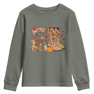 Cowboy Fall Season Thanksgiving Western Boots Pumpkin Youth Sweatshirt TS11 Military Green Print Your Wear