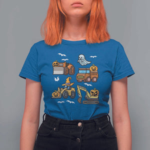 Funny Halloween T Shirt For Women Spooky Construction Trucks Pumpkin Ghost Pixel TS11 Royal Blue Print Your Wear