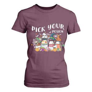 Halloween Nurse T Shirt For Women Pick Your Poison Pharmacy Witches TS11 Maroon Print Your Wear