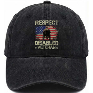 Respect Disabled Veteran Washed Cotton Baseball Cap Military Soldier Vintage American Flag TS11 Washed Cap Universal Fit Black Print Your Wear