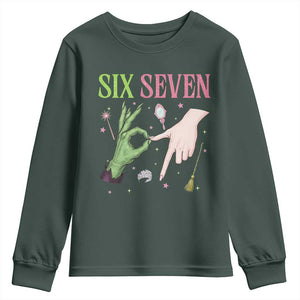 Funny Six Seven Witch Pink And Green Broomstick Magic Wand Youth Sweatshirt TS11 Dark Forest Green Print Your Wear