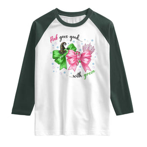 Funny Christmas Witch Pink Goes Good With Green Raglan Shirt TS11 White Dark Forest Green Print Your Wear