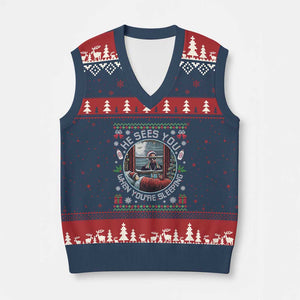 Funny Xmas Diddy V-Neck Knit Sweater Vest He Sees You When You Are Sleeping Baby Oil Ugly Xmas TS11 Navy Red Print Your Wear