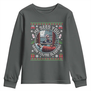 Funny Christmas Diddy Youth Sweatshirt He Sees You When You Are Sleeping Baby Oil Ugly Xmas TS11 Dark Heather Print Your Wear