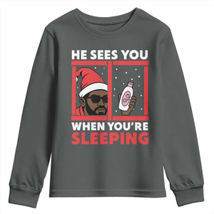 Funny Christmas Diddy Youth Sweatshirt He Sees You When You Are Sleeping Baby Oil TS11 Dark Heather Print Your Wear