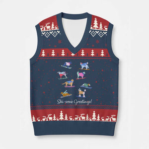 Funny Skiing Dog V-Neck Knit Sweater Vest Ski Sons Greetings Ski Winter Sport TS11 Navy Red Print Your Wear