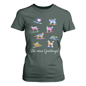 Funny Skiing Dog T Shirt For Women Ski Sons Greetings Ski Winter Sport TS11 Dark Forest Green Print Your Wear