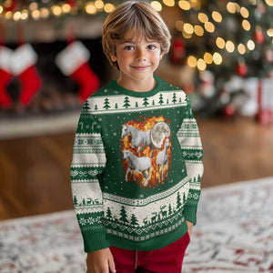 3 Fire Horses Moon Equestrian Ugly Christmas Sweater Year Of The Fire Horse Joke TS11 Forest Green Beige Print Your Wear