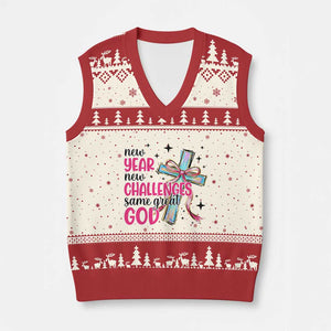 New Year New Challenges Same Great God V-Neck Knit Sweater Vest Christian New Year Eve TS11 Beige Red Print Your Wear