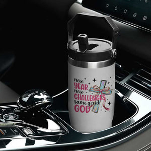 New Year New Challenges Same Great God Flip Straw Tumbler Christian New Year Eve TS11 Print Your Wear