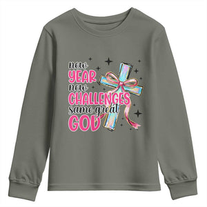 New Year New Challenges Same Great God Youth Sweatshirt Christian New Year Eve TS11 Military Green Print Your Wear