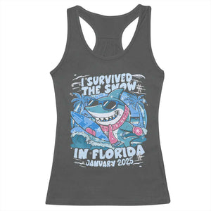 Funny I Survived The Snow In Florida 2025 Racerback Tank Top Shark TS11 Dark Heather Print Your Wear