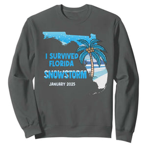 Funny I Survived Florida Snowstorm 2025 Sweatshirt Coconut Palm Tree TS11 Dark Heather Print Your Wear