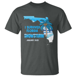 Funny I Survived Florida Snowstorm 2025 T Shirt Coconut Palm Tree TS11 Dark Heather Print Your Wear