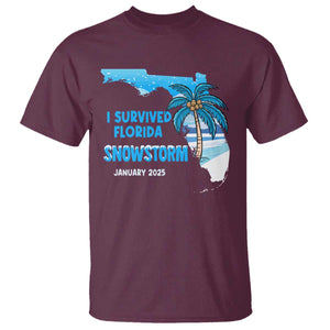 Funny I Survived Florida Snowstorm 2025 T Shirt Coconut Palm Tree TS11 Maroon Print Your Wear