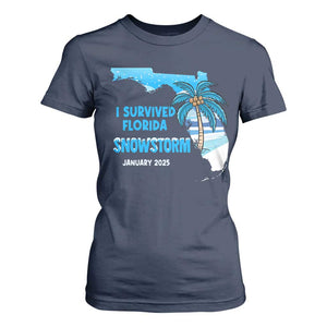 Funny I Survived Florida Snowstorm 2025 T Shirt For Women Coconut Palm Tree TS11 Navy Print Your Wear