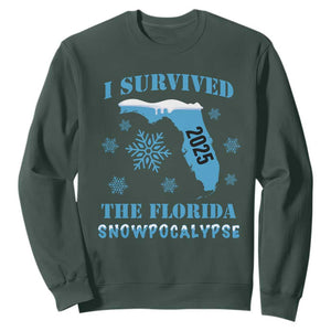 Funny I Survived The Florida Snowpocalypse 2025 Sweatshirt Snowflakes TS11 Dark Forest Green Print Your Wear