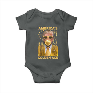 Funny Trump 2025 American's Golden Age Baby Onesie Trump Bubble Gum Gold American Flag TS11 Dark Heather Print Your Wear