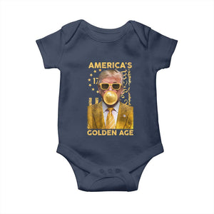 Funny Trump 2025 American's Golden Age Baby Onesie Trump Bubble Gum Gold American Flag TS11 Navy Print Your Wear