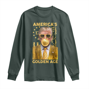 Funny Trump 2025 American's Golden Age Long Sleeve Shirt Trump Bubble Gum Gold American Flag TS11 Dark Forest Green Print Your Wear