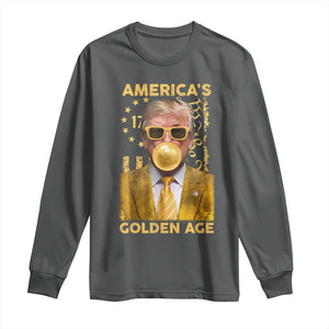 Funny Trump 2025 American's Golden Age Long Sleeve Shirt Trump Bubble Gum Gold American Flag TS11 Dark Heather Print Your Wear