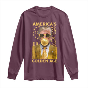 Funny Trump 2025 American's Golden Age Long Sleeve Shirt Trump Bubble Gum Gold American Flag TS11 Maroon Print Your Wear