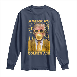 Funny Trump 2025 American's Golden Age Long Sleeve Shirt Trump Bubble Gum Gold American Flag TS11 Navy Print Your Wear