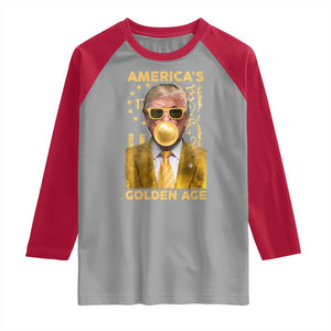 Funny Trump 2025 American's Golden Age Raglan Shirt Trump Bubble Gum Gold American Flag TS11 Sport Gray Red Print Your Wear