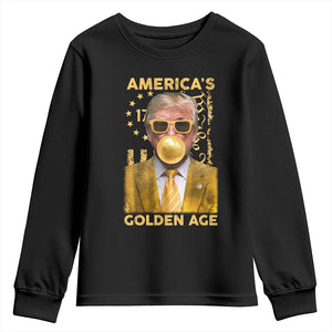 Funny Trump 2025 American's Golden Age Youth Sweatshirt Trump Bubble Gum Gold American Flag TS11 Black Print Your Wear