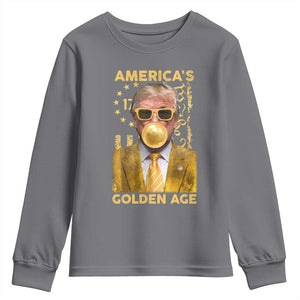 Funny Trump 2025 American's Golden Age Youth Sweatshirt Trump Bubble Gum Gold American Flag TS11 Charcoal Print Your Wear