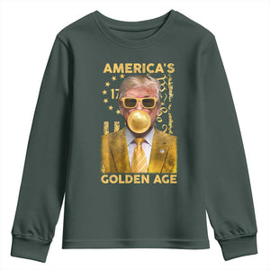 Funny Trump 2025 American's Golden Age Youth Sweatshirt Trump Bubble Gum Gold American Flag TS11 Dark Forest Green Print Your Wear