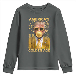 Funny Trump 2025 American's Golden Age Youth Sweatshirt Trump Bubble Gum Gold American Flag TS11 Dark Heather Print Your Wear