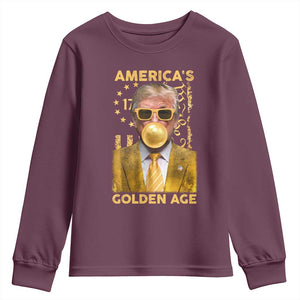Funny Trump 2025 American's Golden Age Youth Sweatshirt Trump Bubble Gum Gold American Flag TS11 Maroon Print Your Wear