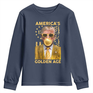 Funny Trump 2025 American's Golden Age Youth Sweatshirt Trump Bubble Gum Gold American Flag TS11 Navy Print Your Wear
