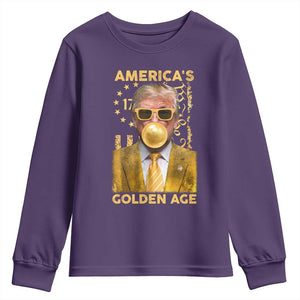 Funny Trump 2025 American's Golden Age Youth Sweatshirt Trump Bubble Gum Gold American Flag TS11 Purple Print Your Wear