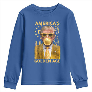 Funny Trump 2025 American's Golden Age Youth Sweatshirt Trump Bubble Gum Gold American Flag TS11 Royal Blue Print Your Wear