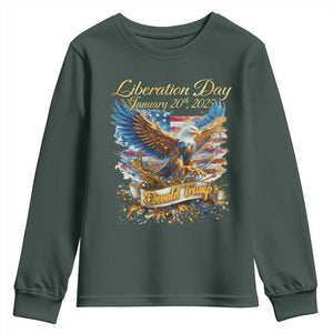 Trump Liberation Day 2025 Youth Sweatshirt Gold Eagle Vintage American Flag TS11 Dark Forest Green Print Your Wear